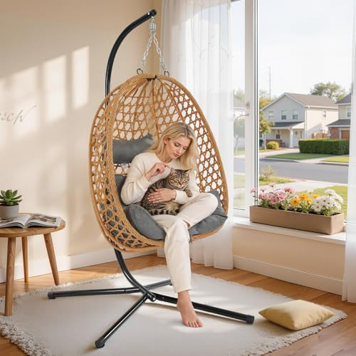 Hängesessel mit Gestell, Faltbare Hängestuhl bis 160KG, Rattan Hängesessel Außen & Innen, Hängeschaukel für Outdoor Innenhof Garten Schlafzimmer