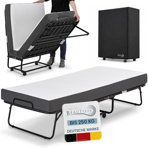 Beautissu Cama Plegable 90x200 cm con Colchón de 13 cm, Espuma Viscoelástica, Cama Auxiliar para Adultos hasta 250 kg, Cama con 4 Ruedas con Freno, Ahorro de Espacio con Funda - Traumkraft L