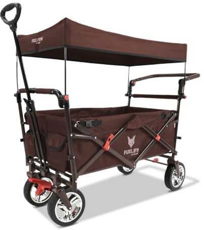 FUXLIFE Bollerwagen faltbar FX-CT700 Braun • klappbarer Handwagen für Ausflug & Alltag • gepolsterter Sitzbereich • Mit Bremsen • höhenverstellbarer Griff • platzsparender Faltbollerwagen