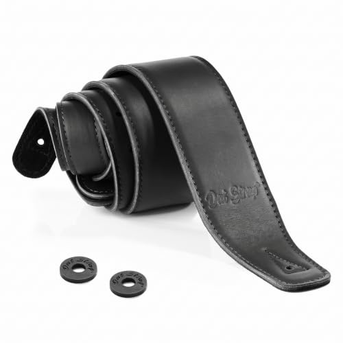 Dat Strap Gitarrengurt Leder | für Gitarre Elektro, Akustik, Bass und Konzertgitarre | Extra Lang | Gepolstert für Zusätzlichen Komfort | Schwarz | Enthält 2 Pick Geek Stahlplektren