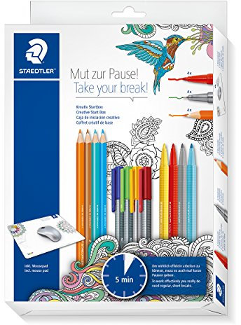 STAEDTLER 61 SET2MZP Kreativset Mut zur Pause (ergonomischer Dreikantschaft, Kartonetui mit Buntstiften, Finelinern und Fasermalern inklusive Mousepad mit Mandala-Flächen)