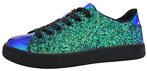 LUCKY STEP Glitterskor glittrande bling glänsande snygga snygga snörning mode sneakers för kvinnor, Grönt hologram, 39 EU