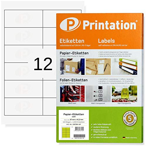300 Etiketten Papier (97x42,3mm) selbstklebend Printation bedruckbar | 25 Blatt A4 je 2x6=12 Klebeetiketten, Adressetiketten, Versandetiketten 97x42mm - zum bedrucken mit Laser- & Inkjet-Drucker