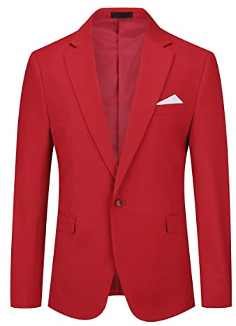 YOUTHUP Mens Slim Fit Blazer 1 Button Formal Suit Jacket Classic Business Wedding Dress Tuxedo Blazers, Red, M