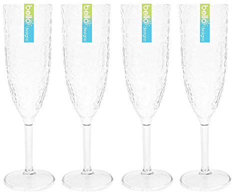 YöL 4 Champagne Prosecco Flutes Glasses Set Plastic Reusable Eco Dimpled Embossed Party Outdoor Summer