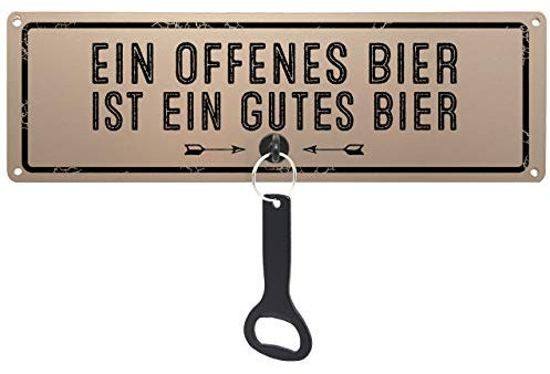 Schilderkönig Metallschild mit Flaschenöffner - EIN offenes Bier ist EIN gutes Bier - lustiges Schild für Partykeller, Thekenschild, Bierzelt, Biergarten, Gartenparty