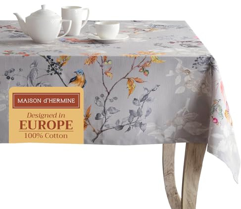 Maison d'Hermine Tischdecke, Rechteckig, 100% Baumwolle (180 cm x 140 cm) | Wiederverwendbar, für den täglichen Gebrauch, zum Essen, für Partys Thanksgiving und Weihnachten - Equinoxe - Grey