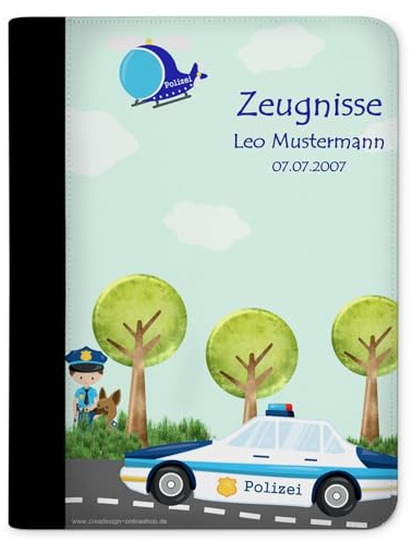 CreaDesign Zeugnismappe A4 mit Namen personalisiert – Polizei – für Jungen – Dokumentenmappe Schule ohne Klarsichthüllen