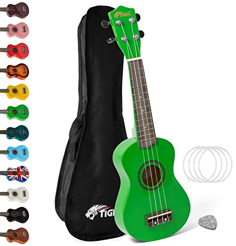 Tiger UKE7-GR Soprano Ukulele - Ideal for Beginners and Schools – Includes Gig Bag, Felt Pick, Spare Strings now with Aquila Strings - Green