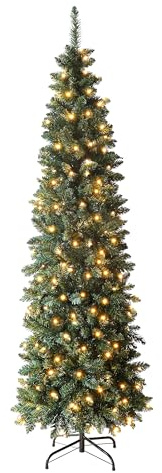 4Ft/1.2m Pre-Lit Artificial Slim Christmas Tree Green Pencil Tree, Pointed Tips, Metal Stand Warm White LEDs Lights Holiday Home Decorations
