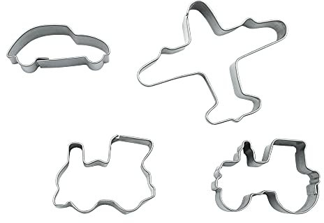 BekkiB 35184-4er Set Mini-Keksausstecher Fahrzeuge - Kleine Ausstecher Auto, Traktor, Lok und Flugzeug