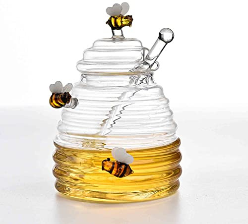 URFEDA Glas Honigtopf mit Glas Honiglöffel Honigspender Honigglas mit Glasdeckel mit Aussparung für den Honiglöffel, Zum Servieren von Honig und Sirup, Transparent, ca. 500 ml, ca. 10 x 13.5 cm