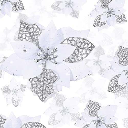 72 Stück 3 Größe Weihnachten Glitzer Poinsettia Hochzeit Künstliche Blumen Weihnachten Blumen Dekoration Ornament für Weihnachtsbaum Neujahr Heim Outdoor Dekoration (Weiß)