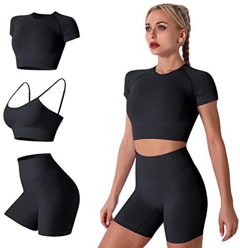 IMEKIS Damen 3 tlg Fitness Set Sport-BH mit Crop-Top und Shorts Nahtlose Yoga Kleidung Fitness Workout Outfit Frauen Slim Fit Sommer Biker Activewear Laufanzug Schwarz L