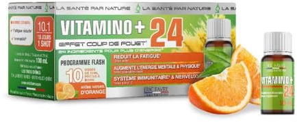 COMPLEXE MULTIVITAMINES + MINERAUX Vitamino+ - Haute Absorption - Vitamines A, B, C, D3, E, Minéraux, Acides Aminés, Zinc - Immunité, Fatigue - Programme 10J (10 x 10ml) - Saveur Orange - Eric Favre