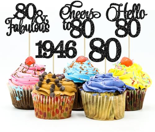 Gyufise 30Pcs 80th Birthday Cupcake Toppers 80 Fabulous Cupcake Picks Cheers to 80 1946 Cake Decorations for Happy 80th Birthday Wedding Anniversary Party Decoration Supplies Black