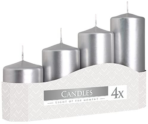 Stumpenkerzen 4er Set | Blockkerzen Silber | Durchmesser 4,8 cm | Höhe 7, 9, 11, 13 cm | 1 Box