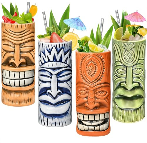 Tiki-Tassen-Set, Hawaii-Party-Becher aus Keramik, für Cocktails, hochwertiges Tassen-Set mit 4 Tassen für exotische Party