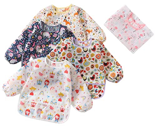 Hafftnun 5pcs Set Long Sleeve Waterproof Bib Full Coverage Apron Bib Smock Toddler Bibs with Pocket 6-30 Months