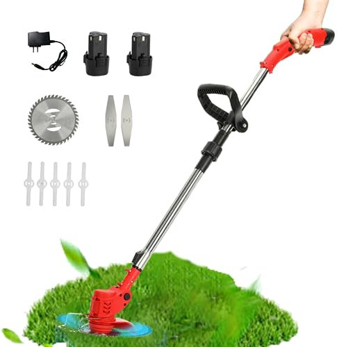Rasentrimmer mit Akku, 12V Akku Rasentrimmer mit 2X 2000mAh Akkus und 1 x Ladegerät, Rasentrimmer mit Messer(5 Kunststoffklingen/ 2 Metallklingen/ 1Runde Klinge), Elektrisch Rasentrimmer
