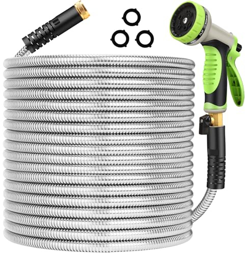 Frojuly Metal Garden Hose 100 ft Stainless Steel Water Hose Heavy Duty Flexible Lightweight Durable Long No Kink Hoses Pipe with 10 Function Nozzle Strong 3/4’’ Solid Brass Fitting for Outdoor Yard | Flexible, Lightweight, Durable, No Kink, with 10 Function Nozzle, 3/4’’ Solid Brass Fitting, for Outdoor/Yard/RV