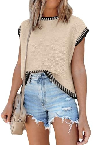 Disamer Cap Sleeve Knit Sweater Tops Sleeveless Vest 2026 Spring Clothes Oversized Summer Tank Trendy Short Sleeve T Shirts,Line Apricot,Medium