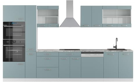 Vicco Küchenzeile R-Line, Blau-Grau/Weiß, 350 cm
