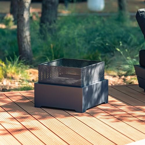 majowo® Feuerstelle Grill | Größe: 45 x 45 cm Höhe: 35cm Schwarz | Camping Zubehör Feuerschale Garten | Feuerkorb für Terrasse mit einem Durchbrochenen Schutzgitter | Stahlkamin Gartenkamin Outdoor