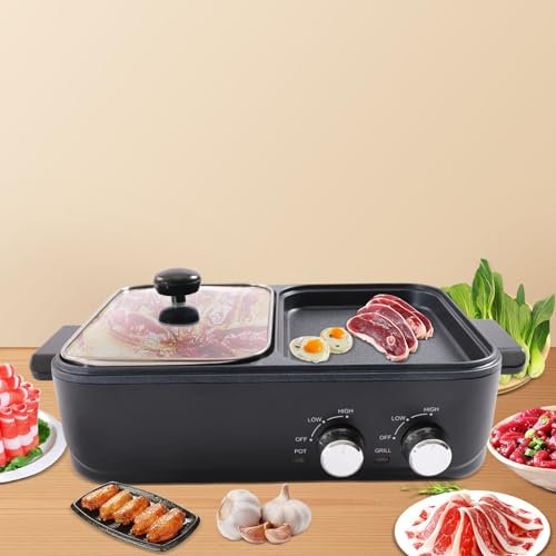 Hot Pot Grill 2-in-1 Electric Grill with Hot Pot BBQ Grill Chafing Dish Indoor, Nonstick and Smokeless, 2L Dual Temperature Control Electric BBQ Pot Cooker for 3-4 People 1500W 220V for Party Camping