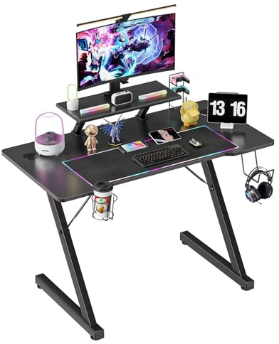CHOWGOLI Bureau Gaming 100x55x75cm, Bureau Gamer Noir en Fibre de Carbone, Bureau Ordinateur PC Ergonomique, Table Gaming avec Support d'écran, Porte-Gobelet, Crochet pour Casque, Base en Forme Z