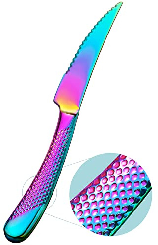 Xideman® Innovativ ultraskarp 2-i-1 räfflad smidd kniv för middag och biff. 6 delar set med högkolhaltigt rostfritt stål biffkniv, 23 cm hamrade solida handtag middagsknivar. (Regnbåge)