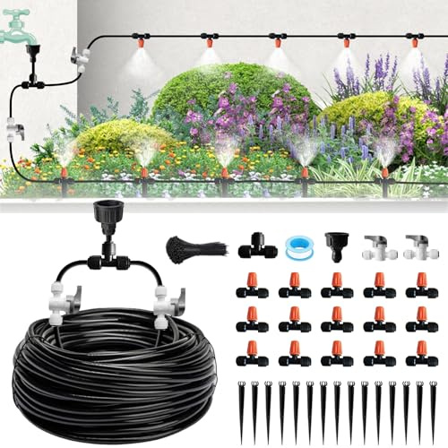 Mist Drip Irrigation System for Garden Watering 60FT, 1/2 & 1/4 Quick-Connect Micro Misting kit for Greenhouse, Plant, Lawn, Raised Bed, Vegetable, Flower. Hanging or Inground Misters Sprinkler