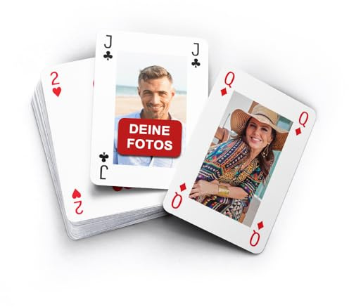 MEINSPIEL - Personalisiertes Poker-Kartenspiel – Eigene Fotos auf Vorder- und Rückseiten, Internationales Blatt (63x88 mm, Jack, Queen, King), Verpackung: Klarsichtetui