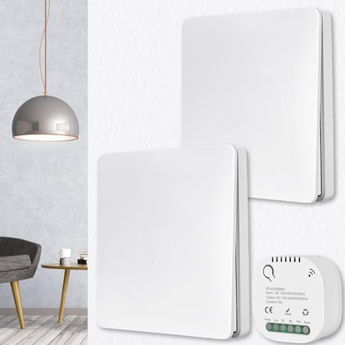 Funkschalter Set: Funk Lichtschalter, Funk-Wandschalter 50M Reichweite, 230V Funkschalter Licht, 2 Schalter mit 1 Empfänger Ohne Batterie, Wasserdicht Drahtlos Schalter für Lampe Innen Außenbereich