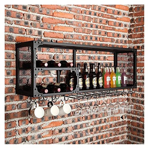 LOVEREDSUN Weinregal, Bar, Theke, Wand, schwebender Weinhalter, Weinflaschenhalter und Weinglasregal, Vintage-Weinschrank mit Metallgitter, Wandmontage, für Stielgläser, Aufbewahrungsregal, Schwarz