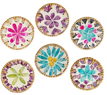 4-Zoll-Muscheluntersetzer 6er-Set, Perlmutt-Untersetzer aus Rattan, Runde Rattan-Untersetzer, Boho-Rattan-Untersetzer, Runder Strohuntersetzer, Dekorative Bunte Boho-Untersetzer für(Rosa+Lila)