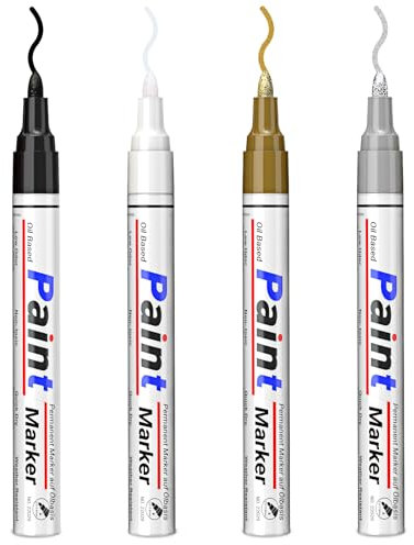 ANYUKE 4 Permanent Marker Wasserfest Stift: 2-3 mm Trocknen Schnell Lackstift Glasmalstifte,Farben der Wasserfester Stift Umfassen:Schwarz,Weiß,Gold,Silber,für Stein,Glas,Holz,Reifen,Metall,Papier usw