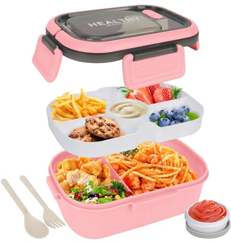 OWill Lunchbox,brotdose mit fächern 1200ml,lunchbox erwachsene mit griff,bento box mit soßentopf und Besteckset,lunchbox kinder,jausenbox erwachsene kinder,mikrowellen und spülmaschinenfest,Rosa