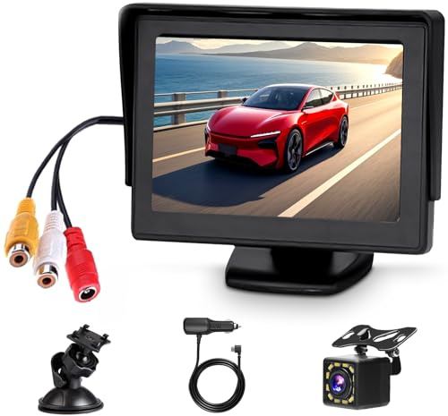 Cámara de Marcha Atrás de Coche con 4,3 Pulgadas LCD Monitor, 12 LED Cámara, Visión Nocturna, IP68 Impermeable, con Cable AV de 6,5 m + Adaptador de 3,5 m