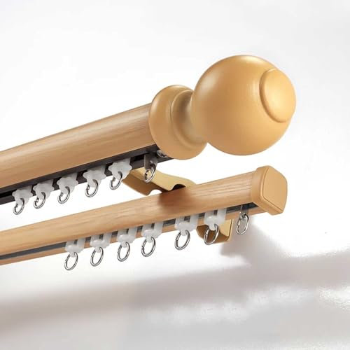 Vorhangstange mit Holzimitation Doppelte Vorhangschiene aus Aluminium 2-läufig inkl. Zubehör Raumteiler for Schiebevorhänge Gardinen und Vorhänge(Beige,4.7m(15.4ft))