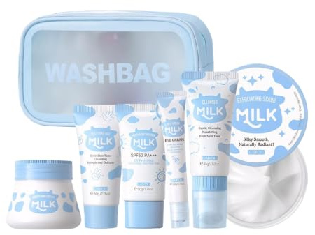 FEXPDL 7 Piece Milk Skin Care Sets & Kits Kids Skin Care Products Milk Protein Skincare Gifts For Teenage Girls, Skincare Set With Cleanser, Eye Cream, Moisturizer, Sunscreen, Brightening Cream
