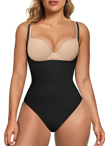 SHAPERX Shapewear Dam kroppsformande body, figurformande body, stark formande bodysuit, Svart tanga, L-XL