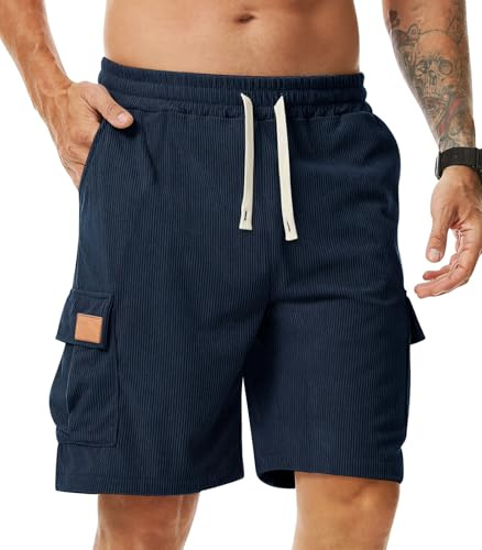 Comilaka Shorts och bermudashorts för män, lediga korta manchestershorts med joggingfickor, sommarlöpning, Marinblå, S