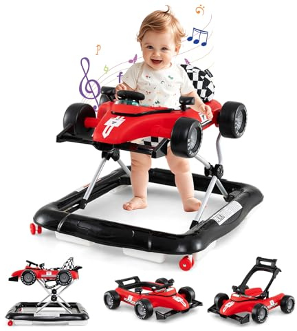 DREAMADE Lauflernhilfe, 4 in 1 Autoförmiger Lauflernwagen mit einstellbarer Geschwindigkeit, Musik & Licht, Babywalker Höhenverstellbar & Klappbar, Gehfrei Baby ab 6 Monate (Modell 2-Rot)