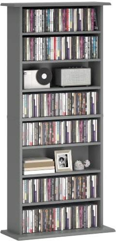 HOMCOM 360 CD/185 DVD Aufbewahrungseinheit, 185 Blu-ray Medien-Speicherregal mit 8 Fächern und 6 verstellbaren Regalen, CD-Turm für Wohnzimmer, Schlafzimmer, Büro, Grau