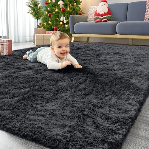 Homaxy Hochflor Waschbar Groß Teppich Wohnzimmer 160 x 220 cm, Schwarz | Anti-Rutsch Unterseite Teppiche, Flauschig Teppich fürs Kinderzimmer, Schlafzimmer