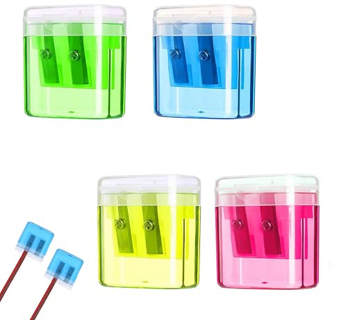 4 Stück Spitzer Mit Dose, Anspitzer Mit Behälter, Bleistiftspitzer, Dosenspitzer, Doppelloch-Bleistiftspitzer, für Schule Büro(Grün/Gelb/Blau/Rosa)
