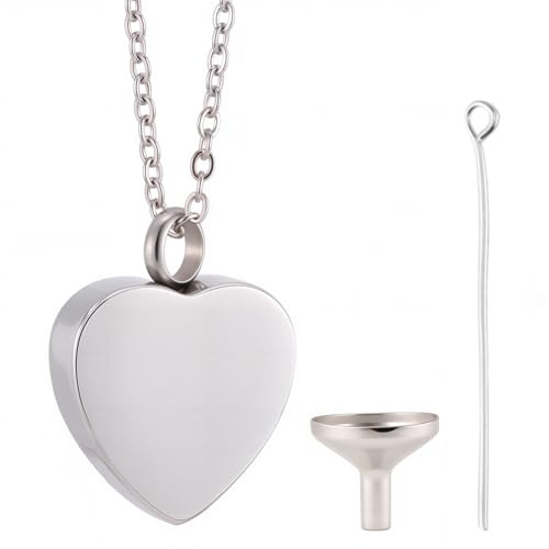 CREATCABIN Urna de Cremación con Forma de Corazón Collar de Recuerdo para Cenizas Mini Urna Conmemorativa de Acero Inoxidable Y Plata Colgante con Broche de Embudo para Familiares Y Amigos En 2x2.6cm