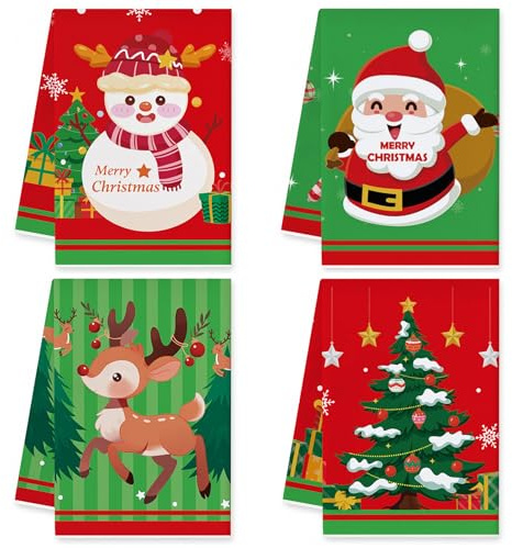 Vspek Weihnachten Küchentücher, 4er Set Weihnachtsdeko Mikrofasertücher, Weihnachtshandtuch, Saugstarke Weiche Geschirrtücher, Reinigungstücher, Trockentücher Küche Badezimmer Dekorative, 66 x 45 cm