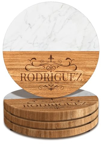 Personalisiertes Untersetzer Set aus Marmorholz mit eingraviertem Logotext, Personalisiertes Hochzeitsgeschenk für Paare Brautpaare Jahrestag Verlobung Einweihungsgeschenke